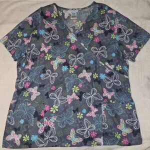 SB Scrubs, ONLY TOP! Dark Gray Base with Colorful Flowers & Butterflies